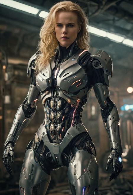 full body Painstaking Attention To Details (RAW photo:1.4) of a teen girl nicole kidman cyborg, c1bo blonde hair, detailed mech armor plugsuit and high heel boots, symmetry beautiful eyes and iris, cyberpunk, Nostromo style, detailed background, cinematic lighting, soft shadows, action scene, colorful, masterpiece, best quality, (ultra realistic:1.4), (fractal:1.2), high quality, hyper detailed, clear image, 16k resolution. soft lighting, soft shadows, sharp focus, depth of field, best quality, Hyperrealism style 4k