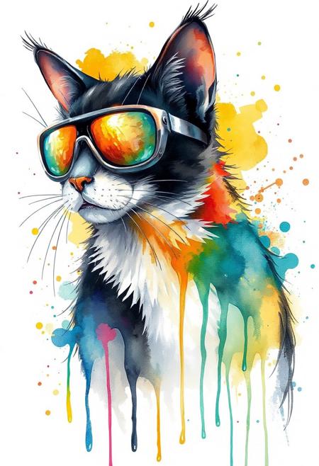 A vibrant and artistic watercolor illustration of a cool cat, facing slightly to the left, rendered in an explosion of bright, splashy colors. The cat sports stylish, oversized, futuristic goggles with iridescent lenses that reflect a spectrum of hues, adding to its whimsical and modern appeal. Its black and white feathers are softly defined, blending seamlessly into washes of yellow, orange, blue, and teal, with dynamic paint drips extending downwards, suggesting movement and fluidity. Numerous colorful splatters and dots surround the creature, enhancing the joyful and abstract aesthetic. The overall impression is one of playful creativity, combining natural elements with a touch of contemporary flair in a visually striking, high-resolution digital painting with a clean white background.