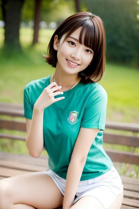 best quality, photorealistic, 8k, highres, perfect lighting, masterpiece, realistic, closeup portrait,
1girl, piercing eyes, wearing a green t-shirt, medium breasts, medium hair, looking at viewer, <lora:nanamin_30:0.8>, smile, outdoors, in a park,