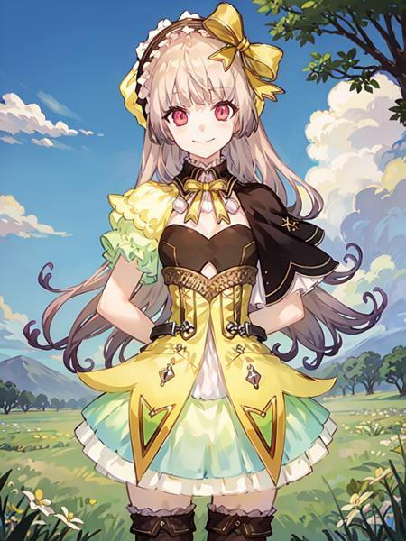 charsuelle, 1girl, solo, smile, bow, looking at viewer, dress, hair bow, hairband, cleavage cutout, thighhighs, arms behind back, closed mouth, short sleeves, capelet, skirt, puffy sleeves, frills, bangs, outsides, cloudy sky, field, grass, <lora:suellev1a:0.9>