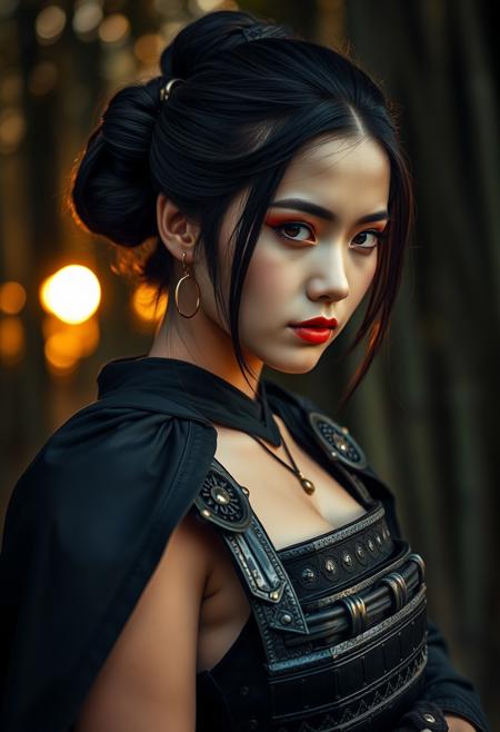 Close Up shot of a beautiful japanese samurai girl, geisha hairstyle, samurai armour, black cape, perfect body, oiled skin, sensual, erotic, bamboo forest background, sunset, National Geographic photography style
