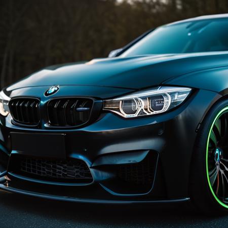 cinematic film still bmw m4 sport black full body kit with neons  . shallow depth of field, vignette, highly detailed, high budget, bokeh, cinemascope, moody, epic, gorgeous, film grain, grainy