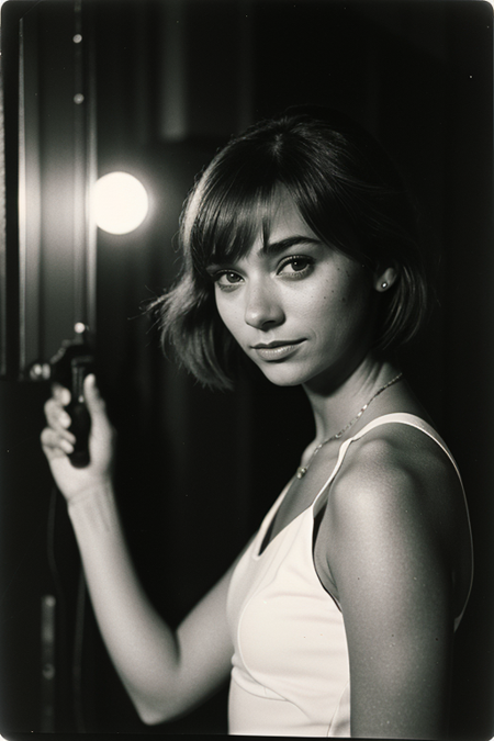 RashidaJones, (upper body), ((1980s photograph, soft blush, pale skin, sleek hair, black dress with square neckline)), Century Camera Co. Studio, 160mm f/8, 1/10s, ISO 25, ((tintype)), smile, big eyes, doe-eyed, (analog, film, film grain:1.4), ((outside Studio 54, disco, night, gritty Manhattan street)), smile:1.3, <lora:nighttime_v1:0.1>