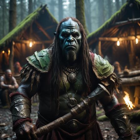 highly detailed portrait photo of a (ogre shaman):1.2  in a primitive camp in the forest.

ogre shaman, solo, long hair, weapon, male focus, massive sword, colored skin, realistic, torch,

performing magic in a primitive forest encampment,

depth of field:1.2, blurry, blurry background,
realistic:1.3,

photorealistic,
fantasy, cinematic,
32k, best quality, 


shadow play:1.1,




