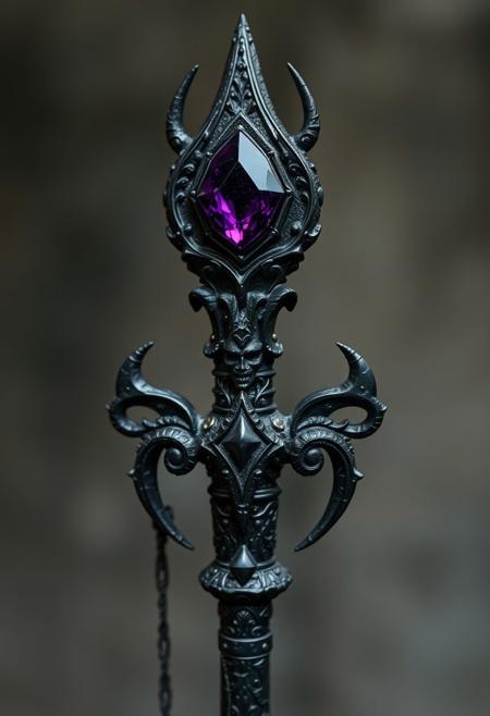 A Highly Detailed Ancient  Black Scary Looking Scepter With A Dark Purple Gem embedded in it