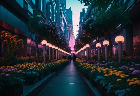 cinematic photo <lora:Ahmed Yacoubi CLIP:1>,Ahmed Yacoubi,, city street,street,street photography,<lora:Beeple_scenery:1>,Beeple,scenery,a futuristic city with a lot of flowers and trees in the foreground,, <lora:Metroplex Base:0.4>,a city scnery,, <lora:LetThereBeLight:0.3>,Beeple,lighting, . 35mm photograph, film, bokeh, professional, 4k, highly detailed