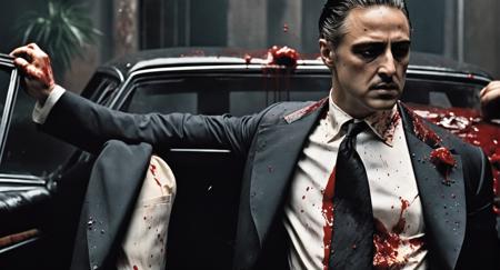 Dark Fantasy Art of  <lora:The Godfather Style:1.2> Cinematic Film Look
a man in a suit is brutally murdered in front of his car with many bullet wounds all over his body and blood splatter all over his body and bullet holes all over the car The Godfather Style, dark, moody, dark fantasy style