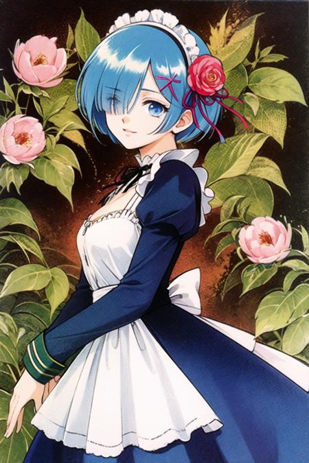 rem (re:zero), 1girl, solo, roswaal mansion maid uniform, twins, siblings, short hair, blue hair, blue eyes, maid, ribbon, hair ornament, hair over one eye, smile, looking at viewer, x hair ornament, hair ribbon, black ribbon,maid headdress, white apron, bangs, breasts, small breasts, long sleeves, dress, wide sleeves, standing, shiny, (flower:1.5), watercolor \(medium\),<lora:Narumi Kakinouchi_mix:0.9>