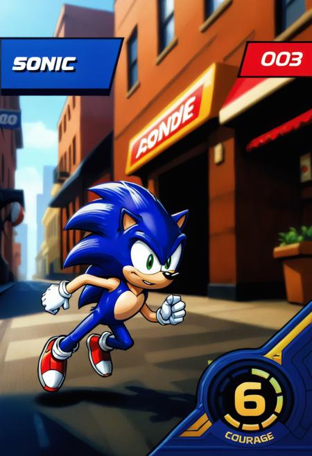 (best quality, masterpiece, absurdres, highres, ultra_detailed, dynamic angle:1.2), herocard, courage6, Sonic the hedgehog, running, 2D arcade game, 1990s game, index003, (intricate details, hyperdetailed:1.15), (ultrahigh resolution textures), bokeh, (volumetric, cinematic) lighting, depth of field, <lora:marvel_promo_cards_2023_locon_xl_hero_v1:0.8>