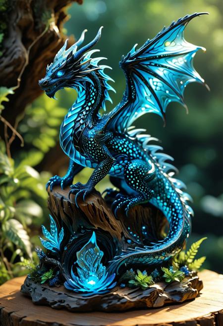 This exquisite high-resolution digital artwork presents a fragile, transparent obsidian and bioluminescent crystal glass sculpture of a dragon gracefully positioned atop a weathered tree stump. The mesmerizing dragon is adorned with bioluminescent markings, and its scales glisten with intricate details, showcasing a remarkable level of craftsmanship. The dragon's eyes are meticulously designed with filigree work, while its supermaximal, glowing skin exudes an ethereal charm. The artwork is imbued with a magical aura, featuring shimmering, sparkling elements, extreme contrast, and vibrant saturation. This exceptional-quality fantasy piece showcases the artist's mastery of captivating details and enchanting, supernatural beauty.