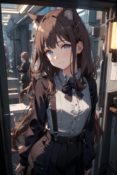 xsv5_style, masterpiece, high quality, 1girl, solo, detailed face, dutch angle, brown hair, blue eyes, (cute small cat), space station, detailed light, cinematic lighting, collared shirt, suspenders, suspender skirt, leaning, looking at viewer, light smile, wolf ears, wolf tail, <lora:xsniji_v5-01:1>