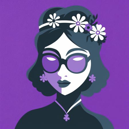 cultist simulator style, a portrait of  a girl wearing sunglasses, flower hair ornament, purple background <lora:CultistSimulator_1.0:1>