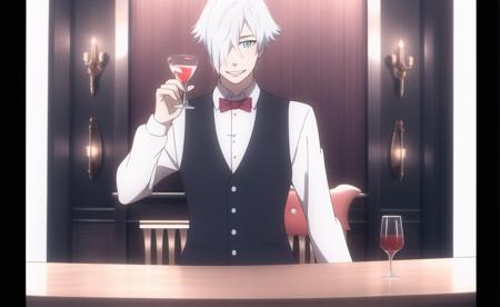 (masterpiece), high quality, highly detailed background, 1boy, solo,
<lora:DeathParadeDecim-v2-04:0.7>, ChopioDecim, white hair, short hair, hair over one eye, blue eyes, +_+, pale skin, (looking at viewer:1),
outfit_1, bartender, white shirt, collared shirt, black waistcoat, red bowtie,
standing, bar, alcohol, glass, cocktail glass, smile,