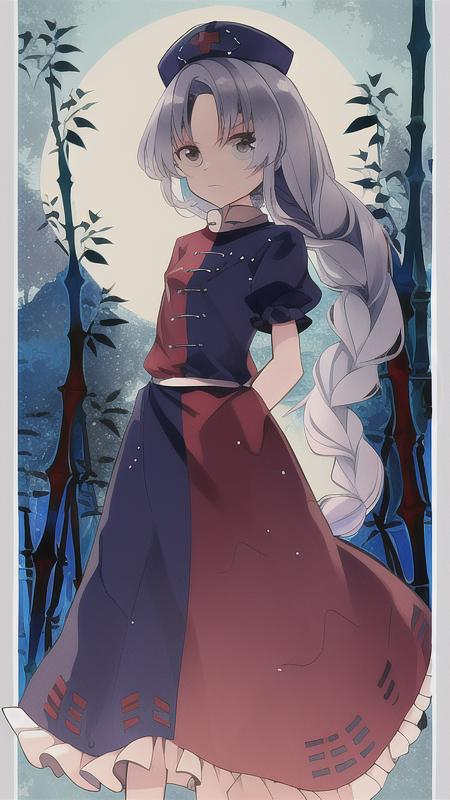 masterpiece, best quality,yagokoro eirin, touhou, long hair, grey hair,red and blue clothes,blue nurse cap, twist braid,standing on the floor,simple background, white background, flat chest, <lora:eirin:1>,standing,moon,night,forest,bamboo forest,standing on square,