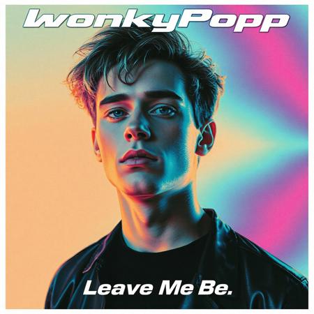high quality design aesthetics, new wave, eighties, synthpop, detailed, pop album cover, young white man, artist name "WonkyPop", album title "Leave Me Be"