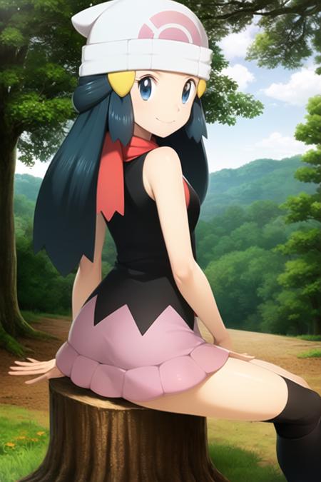 <lora:character_pokemon_dawn_v7:1> dawn \(pokemon\), forest, 1girl, solo, sitting, tree stump, legs together, hands on own thighs, feet out of frame, from behind, (from above:1.2), from side, looking back, looking at viewer, blue eyes, blue hair, smile, closed mouth, beanie, hairclip, sleeveless shirt, skirt, kneehighs, scarf,