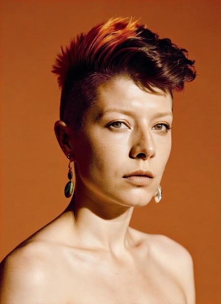 analog style, modelshoot style, nsfw, nudity portrait of sks woman by Flora Borsi, style by Flora Borsi, bold, bright colours, orange Mohawk haircut, ((Flora Borsi)), <lora:locon_emmadarcy_v1_from_v1_64_32:1.25>