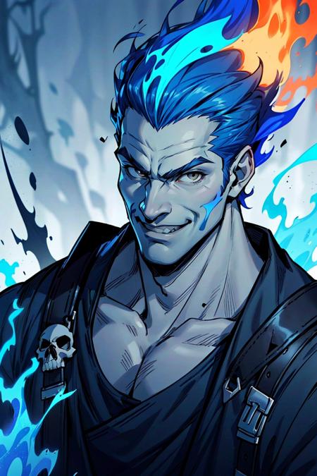 ((masterpiece,best quality)), muscular ,
<lora:Hades_Disney:0.6>, Hades_Disney,  (blue fire:1, fiery hair, blue fire), solo, 1boy, young handsome face,
grey skin, smile,
skull accessory,
looking at viewer, upper body, cinematic composition, <lora:more_details:0.5>