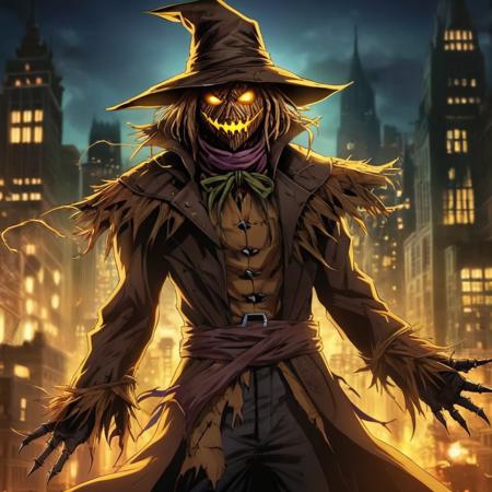 anime artwork of  <lora:Scarecrow:1.2>
Scarecrow a demonic looking creature with glowing eyes in Gotham city universe, anime style, key visual, vibrant, studio anime,  highly detailed