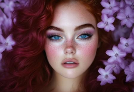 This is a high-resolution, highly detailed photograph of a young woman with an ethereal, dreamy quality. She has light, creamy skin and striking, piercing blue eyes that are wide open, gazing directly at the camera. Her face is covered in tiny, sparkling snow specks, likely a makeup effect, which adds a magical, otherworldly glow to her appearance. Her skin is dotted with freckles, particularly prominent on her nose and cheeks. 
Her long, wavy hair is a vibrant, neon purple, cascading down her shoulders, and adored with tiny lilac blossoms blending into her surroundings.rockabilly style, 1girl, freckles, solo, flower, looking at viewer, pink hair, pink flower, long hair, eyelashes, portrait, 1950's