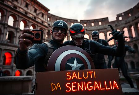 Marvel icons, Captain America and Venom, are caught in a surreal, high-energy selfie in front of the ancient Colosseum, with an unsettling atmosphere creeping into the scene. Captain America, his shield glowing faintly under the dimming light of a blood-red sunset, holds a vintage Kodak MC3 camera, trying to capture the eerie moment. Venom, grinning with malevolent glee, strikes a wild pose, his tendrils snaking around Cap’s shoulders, almost squeezing too tight in a way that blurs the line between playfulness and menace. Behind them, the towering Sion army approaches, their glowing red eyes piercing through the shadows of their insect-like helmets.
The Colosseum looms ominously in the background, its ancient arches casting dark, twisted shadows as if the structure itself is alive. The iconic ruins feel warped, with cracks pulsing as though ready to split open. In the foreground, a neon cardboard sign reads ‘SALUTI DA SENIGALLIA(AN)’ but the letters flicker erratically, with some symbols morphing into eerie, cryptic shapes. Holographic effects ripple unnervingly, and the air around them is thick with swirling dust and mist, giving the scene an otherworldly, haunted feel. The contrast between the decaying landmark, superheroes, and the approaching army creates a chilling snapshot of a reality slipping into chaos