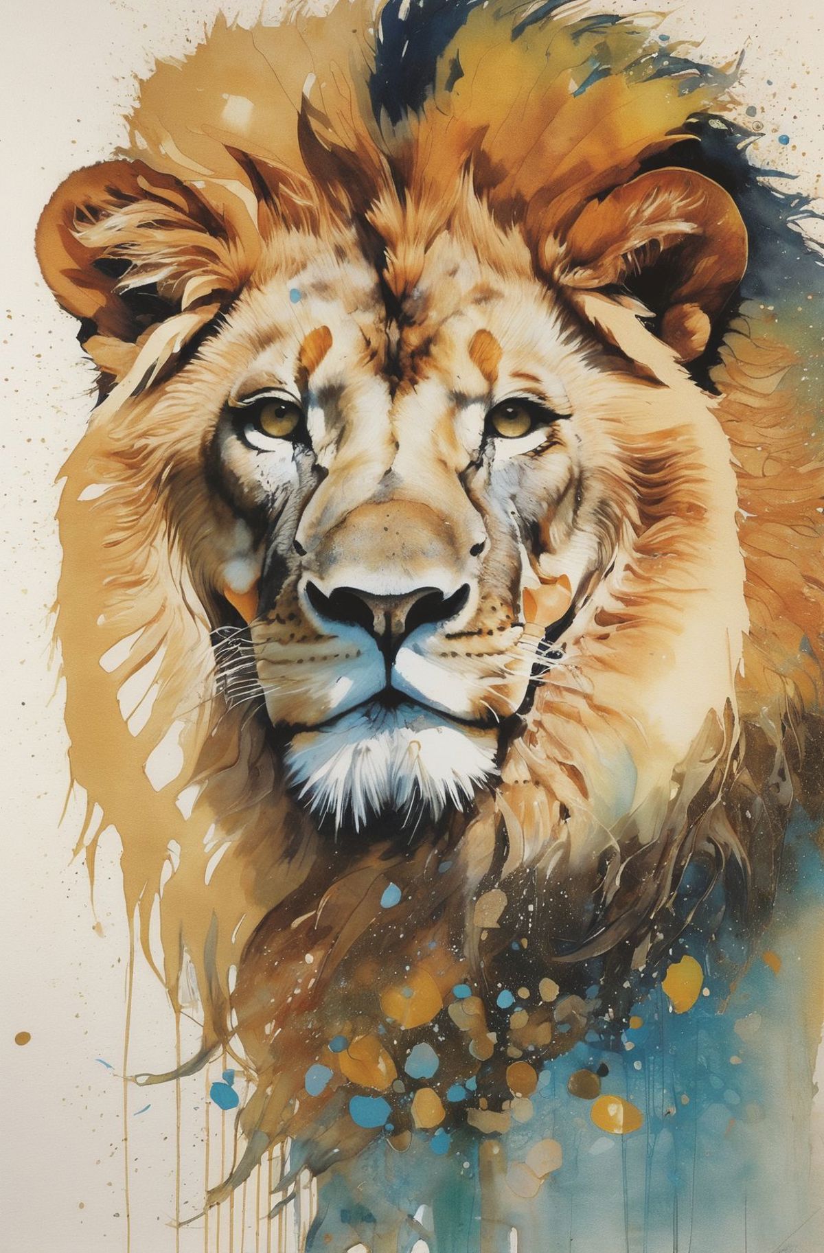 A painting of a lion with a blue and yellow background.