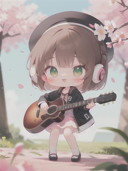 (masterpiece),(best quality),(ultra-detailed), (full body:1.2),
1girl,chibi,cute, smile, open mouth,
flower, outdoors, playing guitar, music, beret, holding guitar, jacket, blush, tree, :3, shirt, short hair, cherry blossoms, green headwear, blurry, brown hair, blush stickers, long sleeves, bangs, headphones, black hair, pink flower,
(beautiful detailed face), (beautiful detailed eyes),