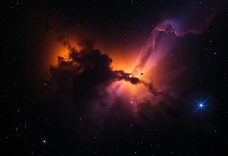 photorealistic dark translucent cosmic nebula in hues of black, orange, blue, and purple, and with 6 diffraction lines on stars