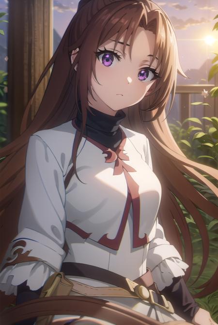 apprenticecleric, <lora:apprenticecleric-lora-nochekaiser:1>, 
apprentice cleric, long hair, brown hair, (purple eyes:1.1), ponytail, parted bangs,
BREAK dress, belt, long sleeves,
BREAK outdoors, forest, grass, nature, sky, cloud, sun,
BREAK looking at viewer, (cowboy shot:1.5),
BREAK <lyco:GoodHands-beta2:1>, (masterpiece:1.2), best quality, high resolution, unity 8k wallpaper, (illustration:0.8), (beautiful detailed eyes:1.6), extremely detailed face, perfect lighting, extremely detailed CG, (perfect hands, perfect anatomy),