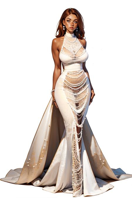 m3rm41dh4lt3r, sleeveless, white dress, long dress, pearls,