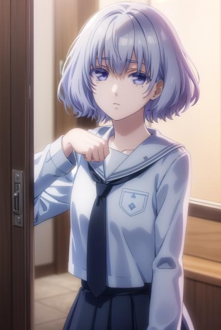 nanamishiranui, <lora:nanami shiranui s1-lora-nochekaiser:1>,
nanami shiranui, short hair, bangs, (purple eyes:1.1), grey hair, mole, mole under eye,
BREAK skirt, long sleeves, school uniform, necktie, serafuku, sailor collar,
BREAK indoors, classroom,
BREAK looking at viewer, (cowboy shot:1.5),
BREAK <lyco:GoodHands-beta2:1>, (masterpiece:1.2), best quality, high resolution, unity 8k wallpaper, (illustration:0.8), (beautiful detailed eyes:1.6), extremely detailed face, perfect lighting, extremely detailed CG, (perfect hands, perfect anatomy),