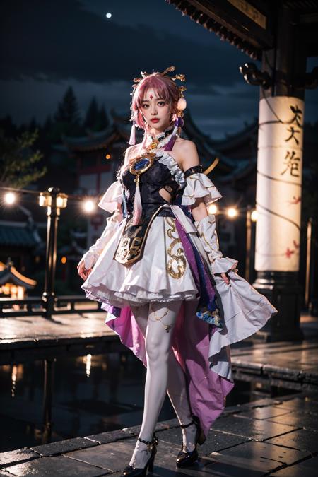 best quality, masterpiece, realistic, photorealistic, 1girl, solo, full body, looking at viewer,  fuxuan cosplay costume, cosplay, hair ornament, forehead mark, pantyhose, footwear, arms at side, (night:1.2), detailed background, chinese garden, <lora:fuxuan_cosplay_costume_v1:0.65>