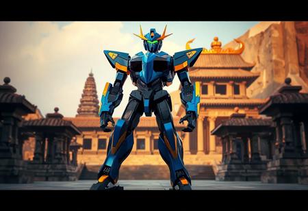 "The Ally of Justice Field Marshal robot stands tall and proud, its sleek blue and black body accented with gold, adding a touch of elegance. The head features a striking blue color with a prominent yellow visor, while the arms and legs are black with gold accents, creating a harmonious balance of colors. The robot is positioned on a temple surface, contrasting beautifully with the ancient Wedju Temple in the background, emphasizing its presence and strength. Rendered in 4K with lifelike details, the image captures the robot's design with stunning clarity. The lighting is cinematic, with a dynamic interplay of shadows and highlights, creating a captivating atmosphere. The composition is impeccable, with a focus on the robot's intricate details and the serene temple setting."