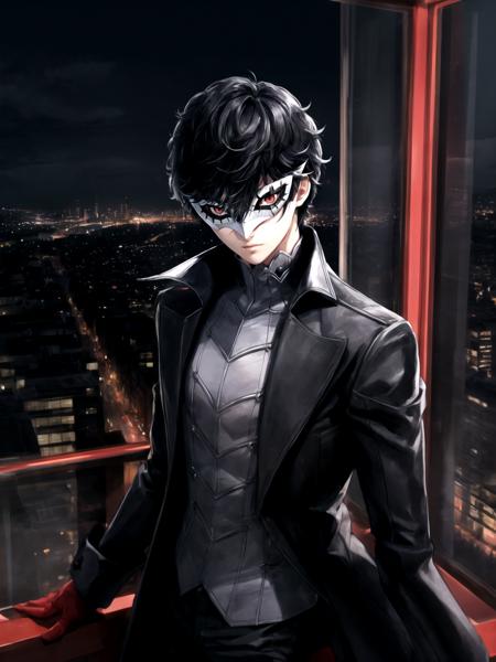 masterpiece, best quality, 1boy, solo, male focus, dsjoker, black hair, short hair, red eyes, mask, high collar, black coat, grey shirt, long sleeves, pants, red gloves, city, city lights, skyscraper, night, detailed background
<lora:dsjoker-v2:1>