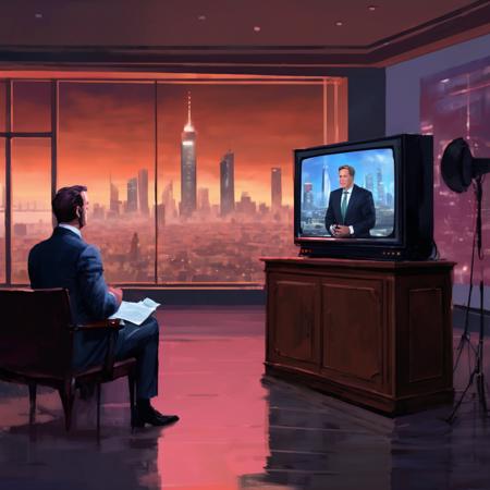 artwork in jrst artstyle of a television screen in a living room with a news broadcast on, showing news reporter and city at night, hd, 4k, high-quality