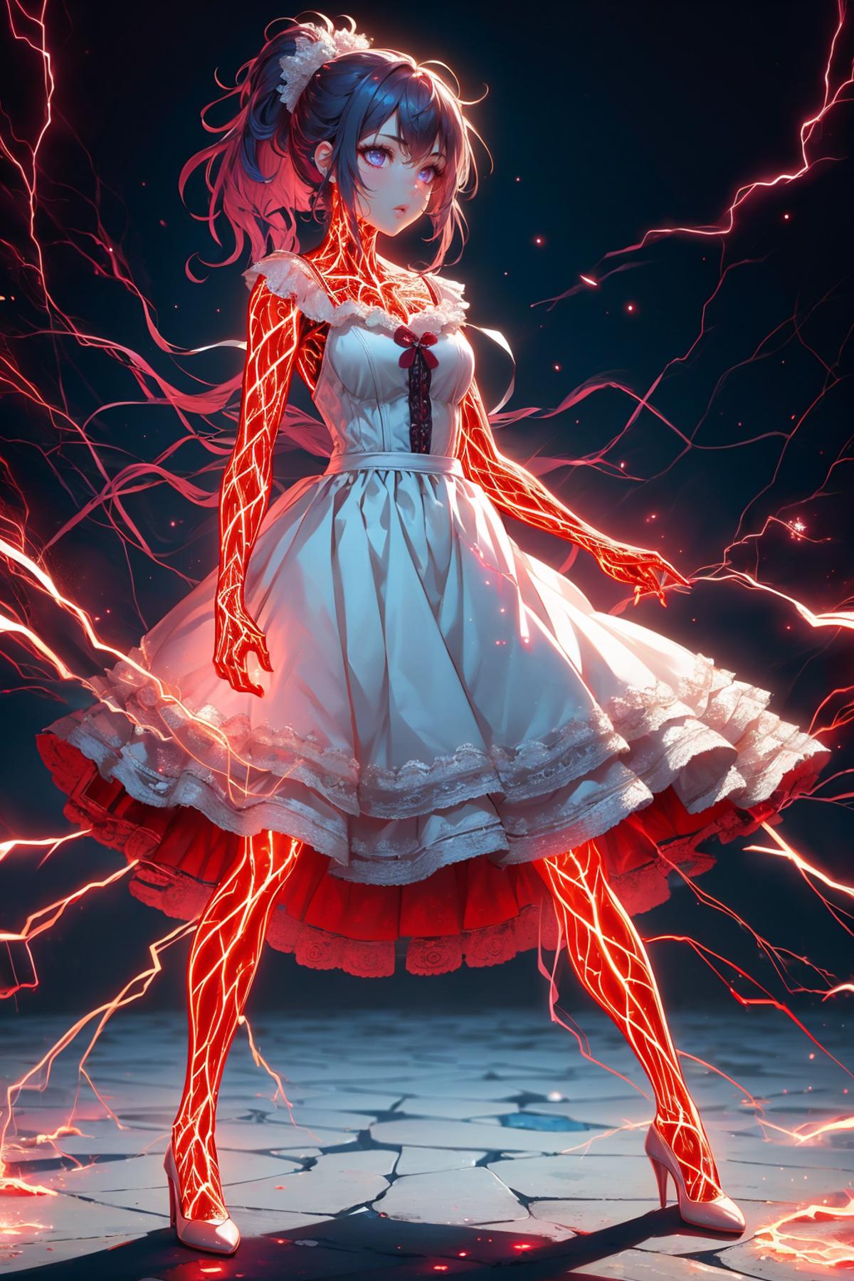 Anime girl with red streaks in her hair and a white dress.