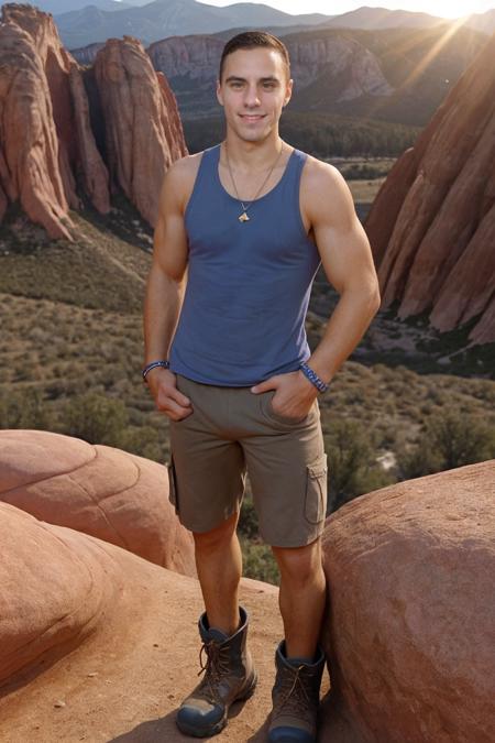 <lora:jake_dalton-04:0.75> photo of jake_dalton, natural relaxed expression, wearing a tank top and cargo shorts and (hiking boots), posing in a nevada state park, red sandstone peaks, golden hour, natural lighting, wristband, necklace