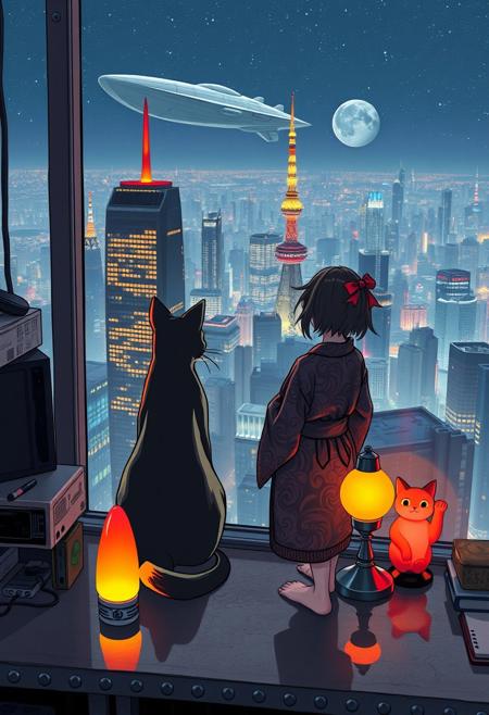 Jiji, the cat from Kiki's Delivery Service sits on a cluttered metal riveted desk next to a maneki neko statue and a lava lamp, Jiji is looking out of a floor to ceiling window that looks out at a very high view from an apartment on the 400th floor of a futuristic Tokyo skyscraper, the year is 2250, The city has thousands of enormous wide and tall futuristic skyscrapers and space ships in the sky, (((Kiki from Kiki's Delivery Service, 24 years old, is standing next to the cat looking out at the enormous city at night, filled with buildings over a mile tall))), Kiki is dressed in an ornate Japanese style bath robe. An enormous starship is visible high above the city, The woman's hair is messy from just waking up and tied up with a ribbon. Artistic cyberpunk, dynamic perspective, The focus is on Jiji and Kiki standing together looking out the window at the view together,