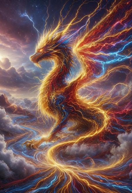 Celestial marble dragon in lthndrtrl_style flying through liquid sky, clouds melting into ribbons of color, fluid scales shimmering with white and red hues, glowing eyes, dynamic wings of flowing liquid, painterly lighting, vast fantasy environment, surreal atmosphere, highly detailed, magical realism, made of golden and blue and red and yellow and purple lightning thunder trails , lthndrtrl
