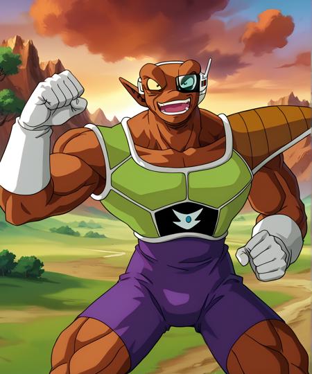 neiz muscles muscular purple skin tight bodysuit light green chest armor white gloves white boots Dragonball Z single lensed scouting device male focus brown skin 1boy armor