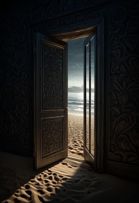 highly detailed, high quality, digital illustration, intricate details, light reflection, trending on artstation, volumetric lighting, extremely clear 8k wallpaper.
A man is opening a closed door on a beach that glows magically. Sense of foreboding, (reflective volumetric), raytracing, absurdres.
scenery, gloomy, dark atmosphere, midjourneyv6.1,