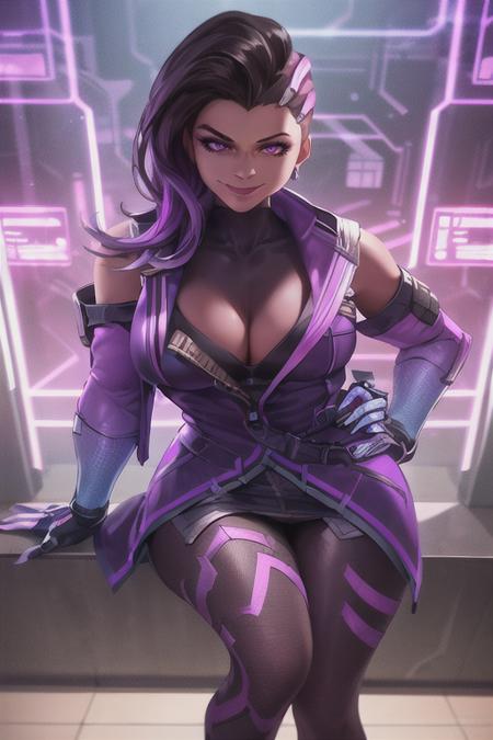 1girl, coat, legwear, mascara, seductive pose, wide smile expression, <lora:sombraV1B:0.7>, sombra \(overwatch\), perfect arms, cyberpunk, hacker room, very detailed background, masterpiece, best quality, HDR, high quality, high-definition, CG