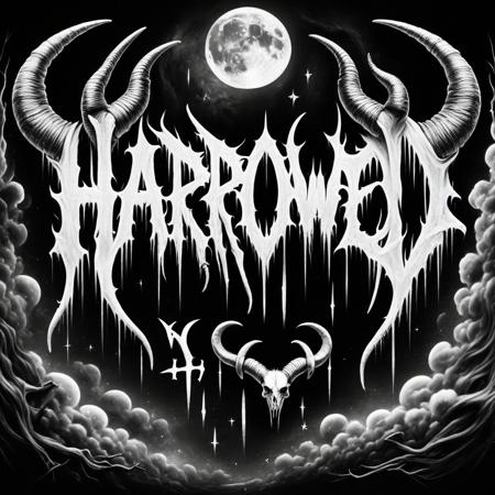 HarroweD text logo, white, black, moon, horns