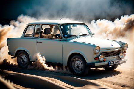 white STANCE TRABANT,  car, sandstorm, photorealistic, shot by Sony a7iii  <lora:TRABANT:0.8>