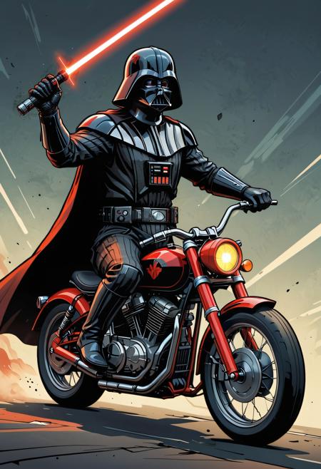 Comic book image of Darth Vader holding a red lightsaber, on a motocycle. Stylized shadows, bold linework, cel-shading, dramatic atmosphere