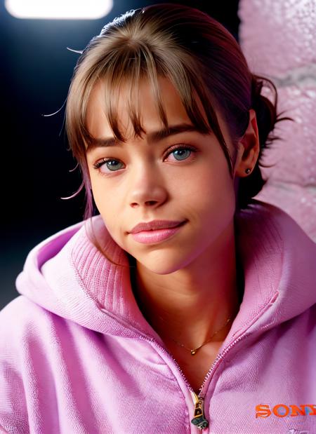 portrait of skswoman, joyful , wearing sweatshirt , with pink Side-swept bangs , background dungeon epic (photo, studio lighting, hard light, sony a7, 50 mm, matte skin, pores, colors, hyperdetailed, hyperrealistic), <lyco:Denise RichardsV3:1.3>