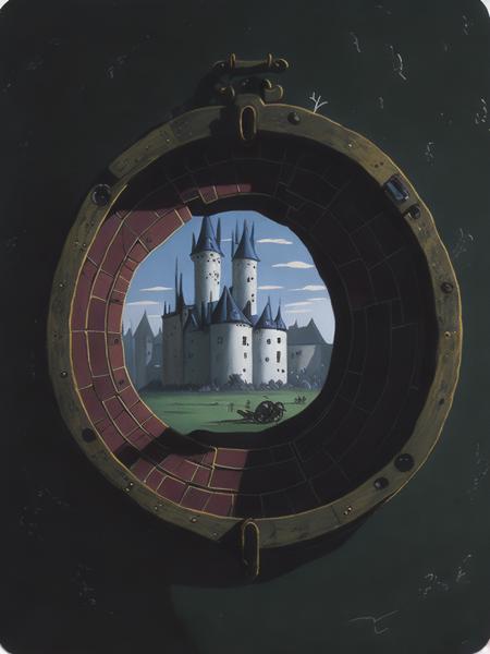 <lora:Dixit:1>a painting of a keyhole with a castle in the background