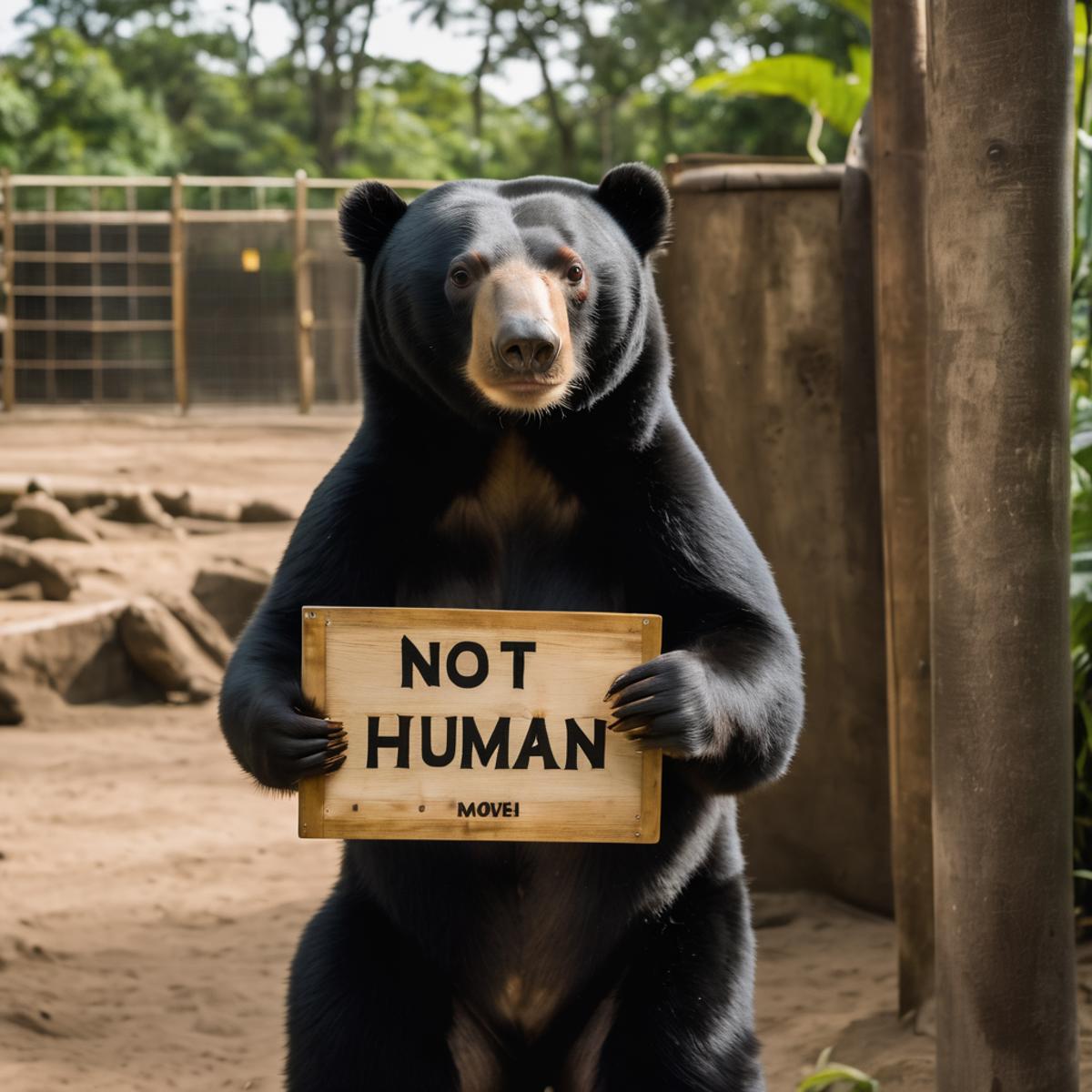 A black bear holding a sign that says "Not Human Moves."