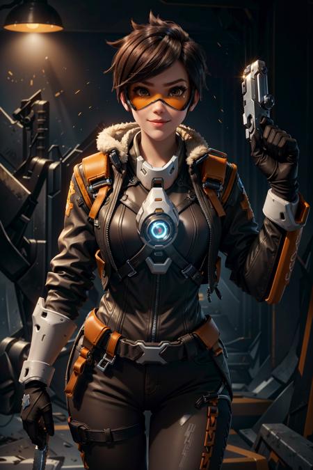 TracerOver, 1girl, solo, tracer \(overwatch\), dual wielding, union jack, holding, weapon, brown hair, orange goggles, bomber jacket, jacket, goggles, gun, short hair, harness, chest harness, gloves, brown jacket, looking at viewer, leather, spiked hair, bodysuit, holding weapon, brown eyes, handgun, holding gun, orange bodysuit, lips, bangs, leather jacket, smile, swept bangs, hands up, brown gloves, cross-laced legwear, upper body, closed mouth, tight, nose, cowboy shot, cross-laced clothes, fur trim
<lora:epi_noiseoffset2:1>,   <lora:TracerOver:0.7>