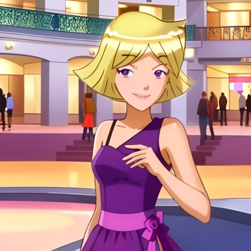 <lora:TotallySpies-18:1>, 1girl, short hair, blonde hair, small breasts, purple eyes, smiling, beautiful dress, in a mall